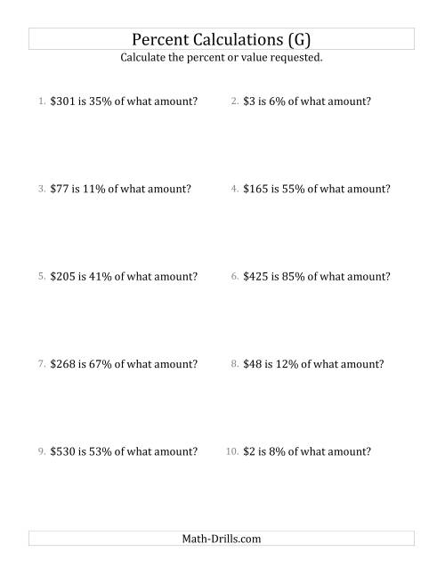 The Calculating the Original Currency Amount with Whole Numbers and All Percents (G) Math Worksheet