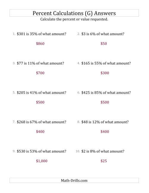 The Calculating the Original Currency Amount with Whole Numbers and All Percents (G) Math Worksheet Page 2