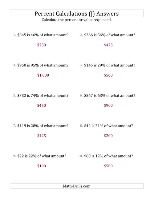The Calculating the Original Currency Amount with Whole Numbers and All Percents (J) Math Worksheet Page 2