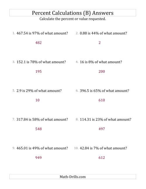 The Calculating the Original Amount with Decimals and All Percents (B) Math Worksheet Page 2