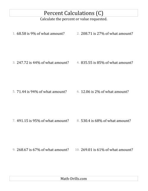 The Calculating the Original Amount with Decimals and All Percents (C) Math Worksheet