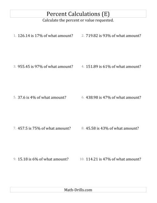 The Calculating the Original Amount with Decimals and All Percents (E) Math Worksheet