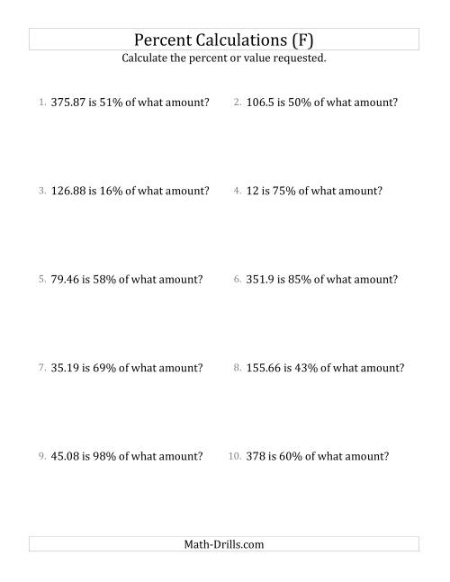 The Calculating the Original Amount with Decimals and All Percents (F) Math Worksheet