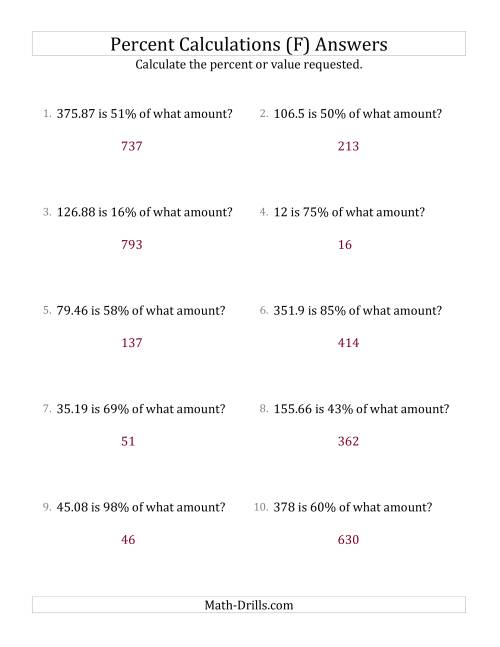 The Calculating the Original Amount with Decimals and All Percents (F) Math Worksheet Page 2