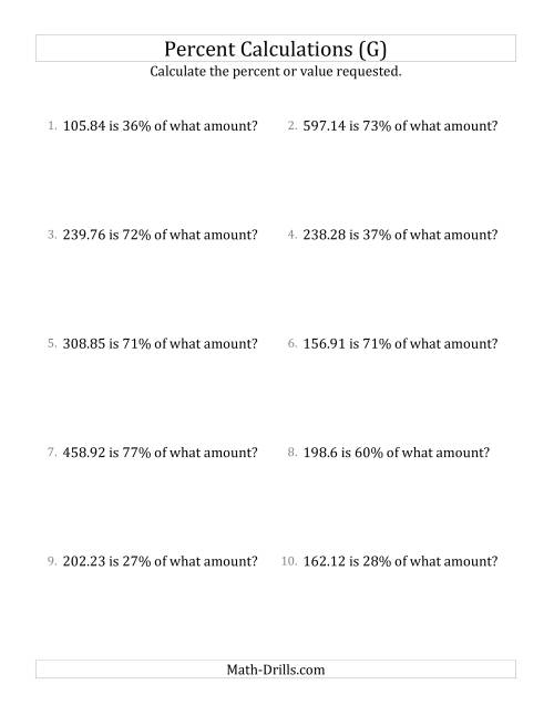The Calculating the Original Amount with Decimals and All Percents (G) Math Worksheet