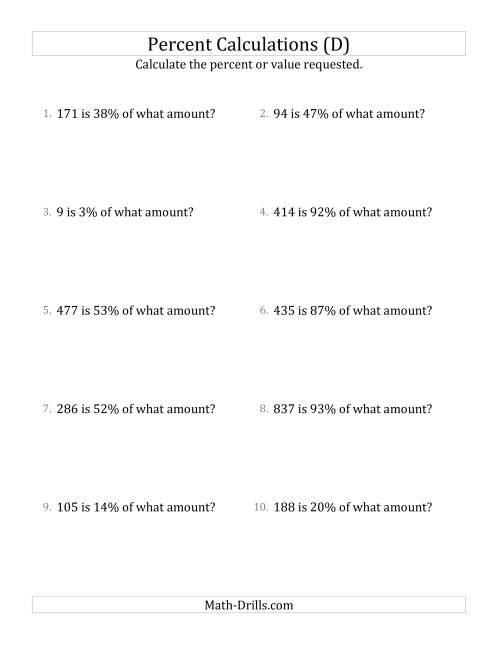 The Calculating the Original Amount with Whole Numbers and All Percents (D) Math Worksheet