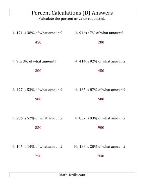 The Calculating the Original Amount with Whole Numbers and All Percents (D) Math Worksheet Page 2