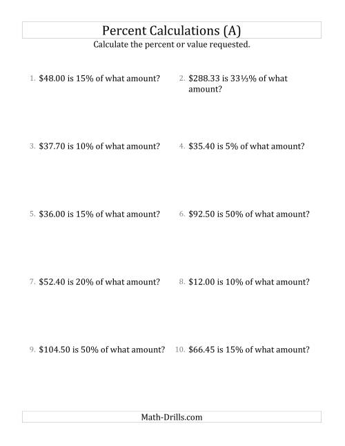 The Calculating the Original Currency Amount with Decimals and Select Percents (A) Math Worksheet
