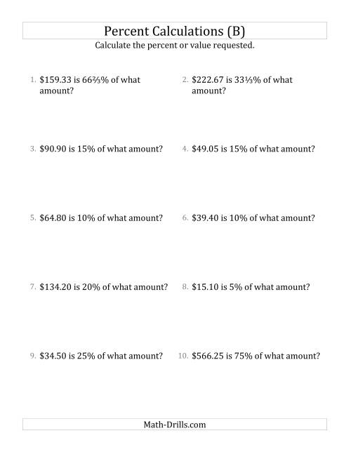 The Calculating the Original Currency Amount with Decimals and Select Percents (B) Math Worksheet