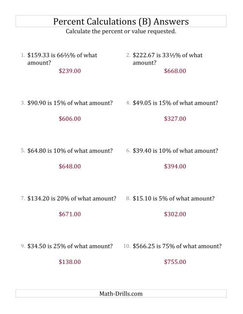 The Calculating the Original Currency Amount with Decimals and Select Percents (B) Math Worksheet Page 2