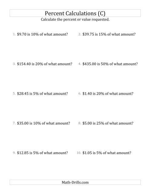 The Calculating the Original Currency Amount with Decimals and Select Percents (C) Math Worksheet