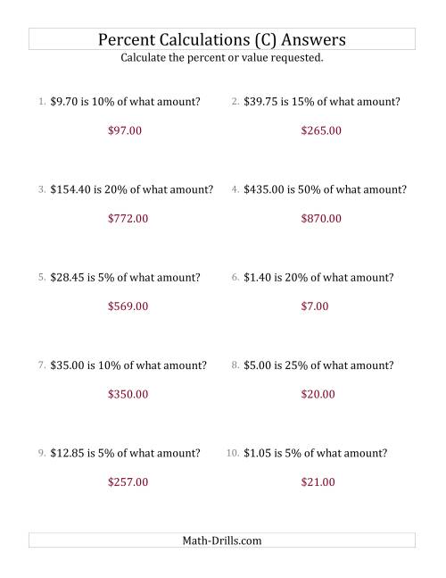 The Calculating the Original Currency Amount with Decimals and Select Percents (C) Math Worksheet Page 2