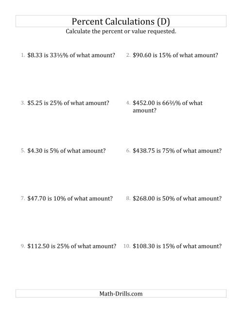 The Calculating the Original Currency Amount with Decimals and Select Percents (D) Math Worksheet