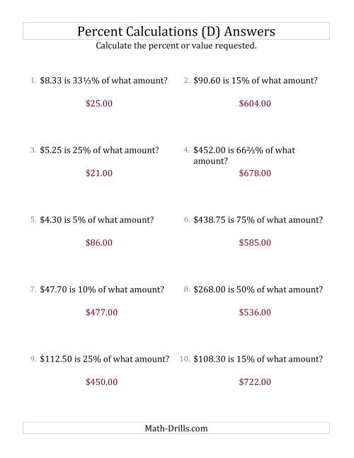 The Calculating the Original Currency Amount with Decimals and Select Percents (D) Math Worksheet Page 2