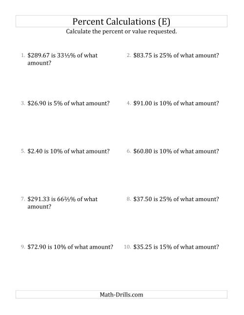 The Calculating the Original Currency Amount with Decimals and Select Percents (E) Math Worksheet