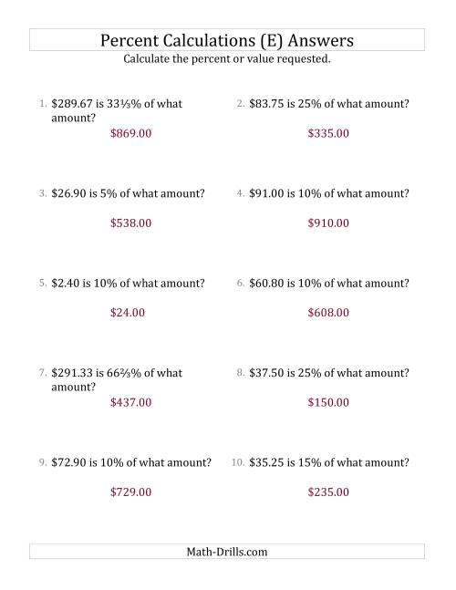 The Calculating the Original Currency Amount with Decimals and Select Percents (E) Math Worksheet Page 2