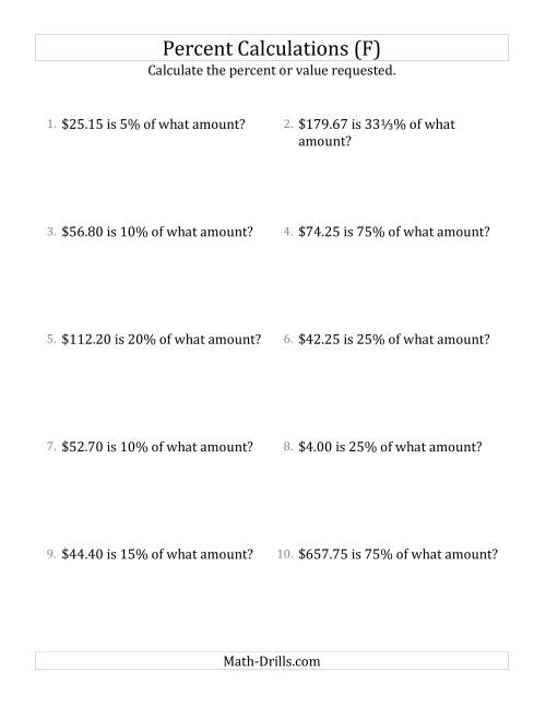 The Calculating the Original Currency Amount with Decimals and Select Percents (F) Math Worksheet