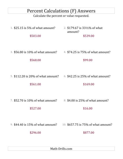 The Calculating the Original Currency Amount with Decimals and Select Percents (F) Math Worksheet Page 2