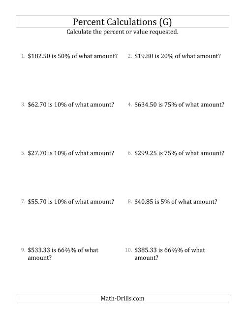 The Calculating the Original Currency Amount with Decimals and Select Percents (G) Math Worksheet