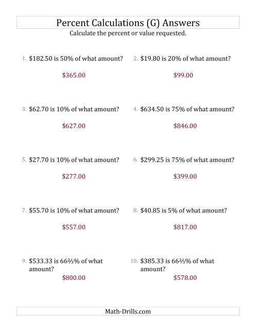 The Calculating the Original Currency Amount with Decimals and Select Percents (G) Math Worksheet Page 2
