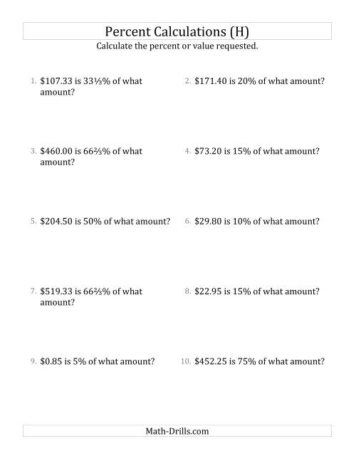 The Calculating the Original Currency Amount with Decimals and Select Percents (H) Math Worksheet