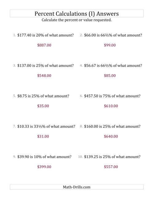 The Calculating the Original Currency Amount with Decimals and Select Percents (I) Math Worksheet Page 2
