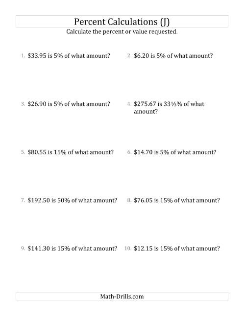 The Calculating the Original Currency Amount with Decimals and Select Percents (J) Math Worksheet