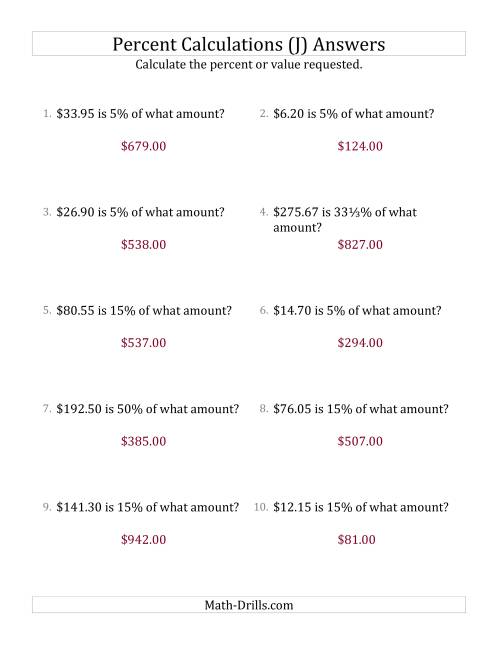 The Calculating the Original Currency Amount with Decimals and Select Percents (J) Math Worksheet Page 2
