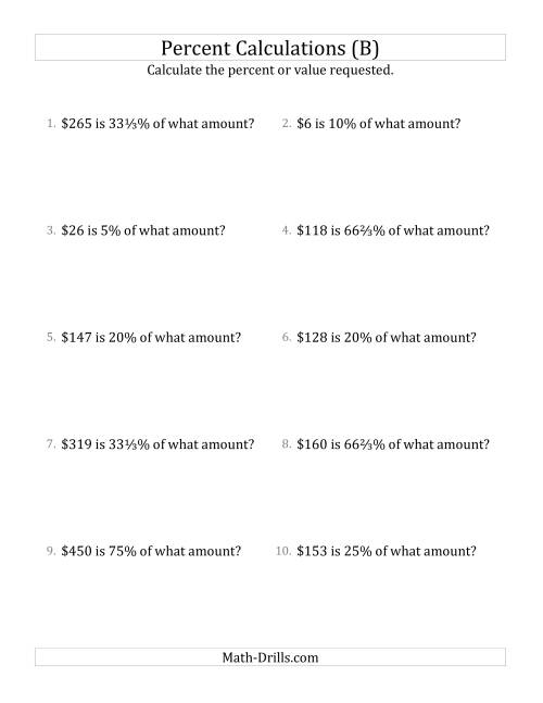 The Calculating the Original Currency Amount with Whole Numbers and Select Percents (B) Math Worksheet