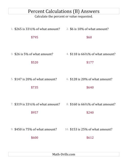 The Calculating the Original Currency Amount with Whole Numbers and Select Percents (B) Math Worksheet Page 2