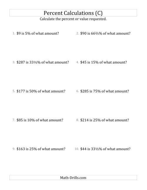 The Calculating the Original Currency Amount with Whole Numbers and Select Percents (C) Math Worksheet