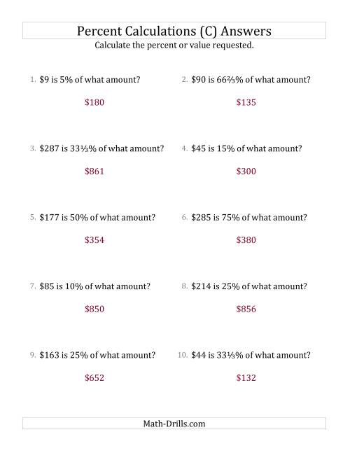 The Calculating the Original Currency Amount with Whole Numbers and Select Percents (C) Math Worksheet Page 2