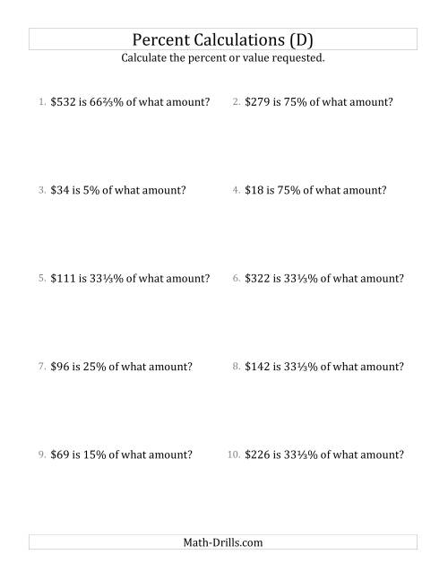 The Calculating the Original Currency Amount with Whole Numbers and Select Percents (D) Math Worksheet