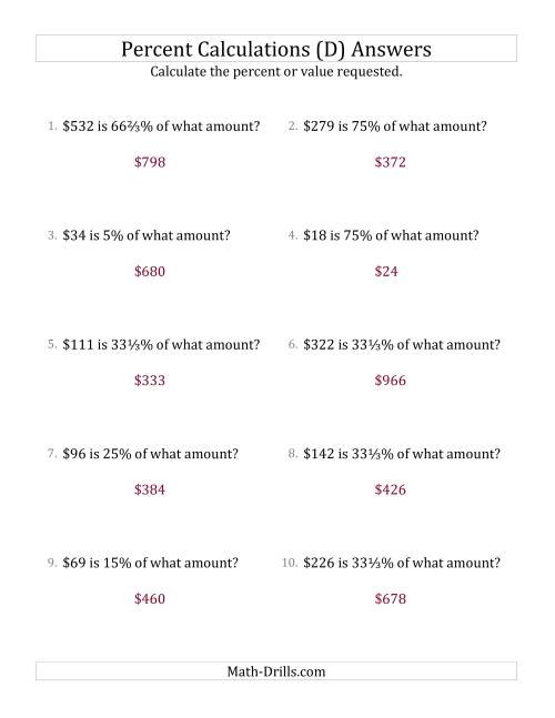 The Calculating the Original Currency Amount with Whole Numbers and Select Percents (D) Math Worksheet Page 2