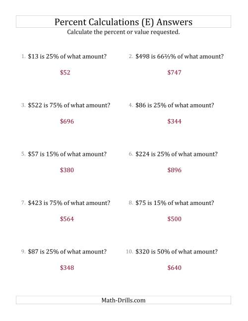 The Calculating the Original Currency Amount with Whole Numbers and Select Percents (E) Math Worksheet Page 2