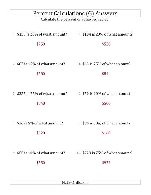The Calculating the Original Currency Amount with Whole Numbers and Select Percents (G) Math Worksheet Page 2