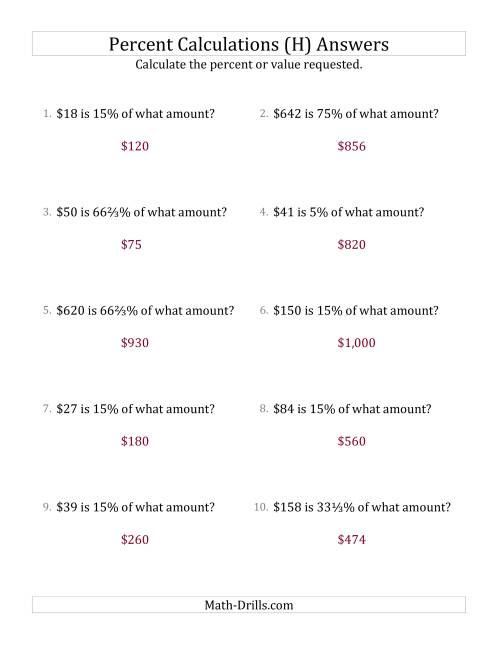 The Calculating the Original Currency Amount with Whole Numbers and Select Percents (H) Math Worksheet Page 2