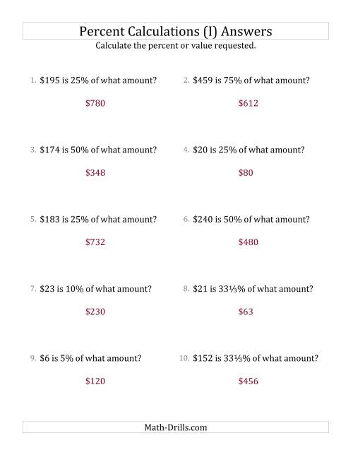 The Calculating the Original Currency Amount with Whole Numbers and Select Percents (I) Math Worksheet Page 2