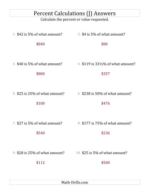 The Calculating the Original Currency Amount with Whole Numbers and Select Percents (J) Math Worksheet Page 2