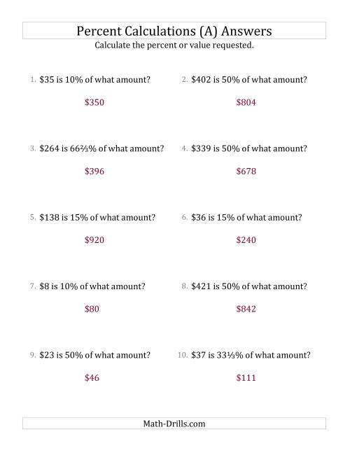 The Calculating the Original Currency Amount with Whole Numbers and Select Percents (All) Math Worksheet Page 2