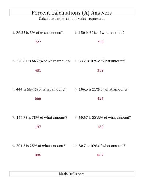 The Calculating the Original Amount with Decimals and Select Percents (A) Math Worksheet Page 2