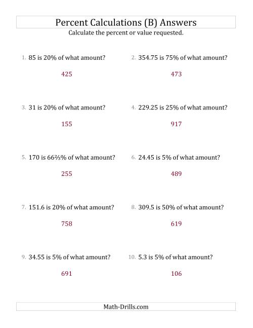The Calculating the Original Amount with Decimals and Select Percents (B) Math Worksheet Page 2