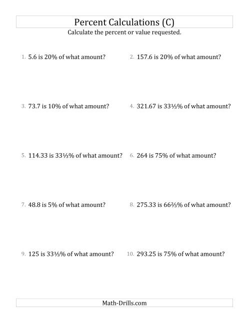 The Calculating the Original Amount with Decimals and Select Percents (C) Math Worksheet