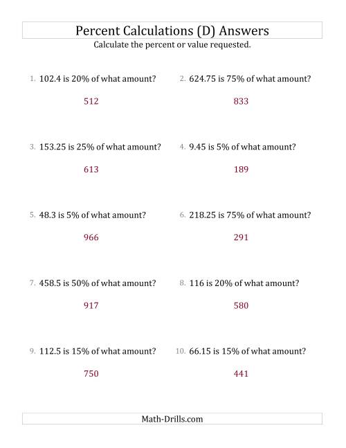 The Calculating the Original Amount with Decimals and Select Percents (D) Math Worksheet Page 2