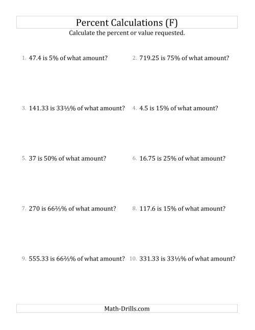 The Calculating the Original Amount with Decimals and Select Percents (F) Math Worksheet