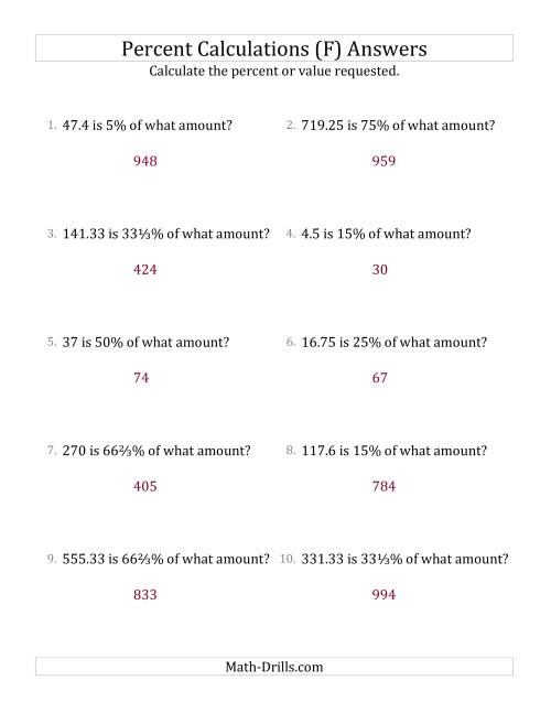 The Calculating the Original Amount with Decimals and Select Percents (F) Math Worksheet Page 2