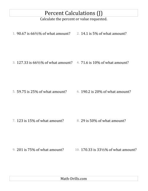 The Calculating the Original Amount with Decimals and Select Percents (J) Math Worksheet