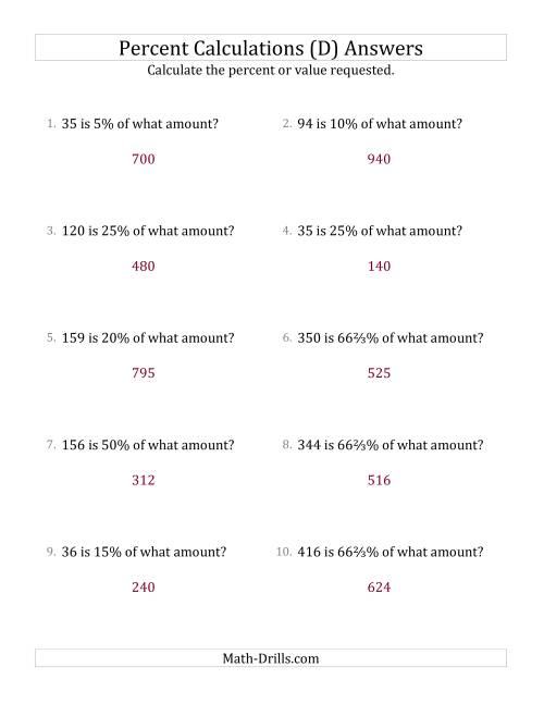 The Calculating the Original Amount with Whole Numbers and Select Percents (D) Math Worksheet Page 2