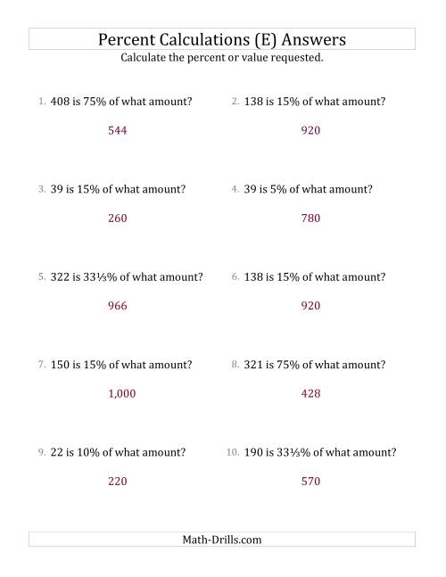 The Calculating the Original Amount with Whole Numbers and Select Percents (E) Math Worksheet Page 2