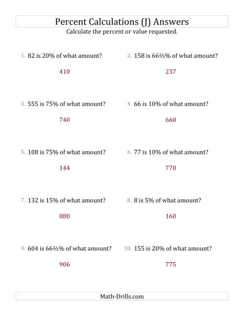 The Calculating the Original Amount with Whole Numbers and Select Percents (J) Math Worksheet Page 2